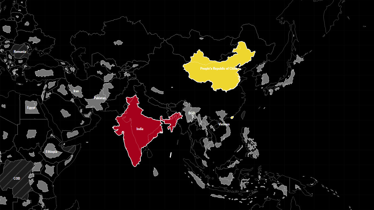 India vs China: Population, GDP and Land Area map preview with selected comparison countries.